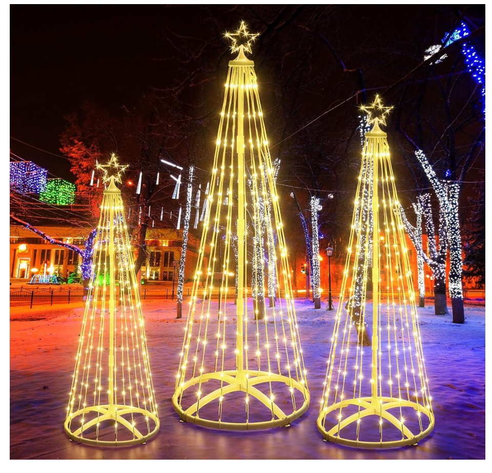 3 Pack 4/5/6 Ft Christmas Lighted Cone Tree LED Lights Changing Artificial Tree 8 Modes with Timer Dimmable for Indoor Outdoor Xmas Decor with Star Toppers for Yard Porch Backyard Patio
