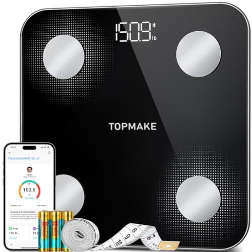 TOPMAKE Actualizacin 2025 Bscula para peso corporal, bscula digital de bao BMI para grasa corporal, analizador de composicin corporal de 25 con sincronizacin de aplicaciones con Bluetooth,