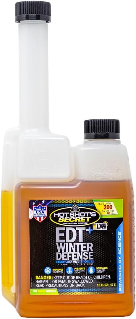 Hot Shots Secret EDT+ Winter Defense 16 oz Squeeze  Treats 200 Gallons  7-in-1 Anti-Gel Diesel Fuel Additive, Prevents Gelling, Protects Fuel System, Improves Cold Starts, Boosts Cetane