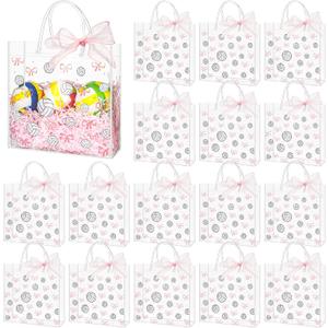 Sweetude 24 Pcs Volleyball Clear Treat Bags with Handles Bulk Volleyball Goodie Bags Sport Theme Party Gift Favor with Pink Bow Ribbon for Girl Youth Team Snack Birthday Gifts 7.9 x 7.9 Inch