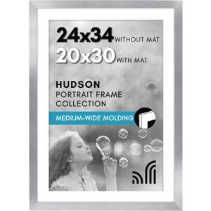 Americanflat 24x34 Poster Frame with Polished Plexiglass - Use as 20x30 Frame with Mat or Display 24x34 Photo Without Mat - Hudson Collection - Wide Picture Frames for Wall Display - Silver