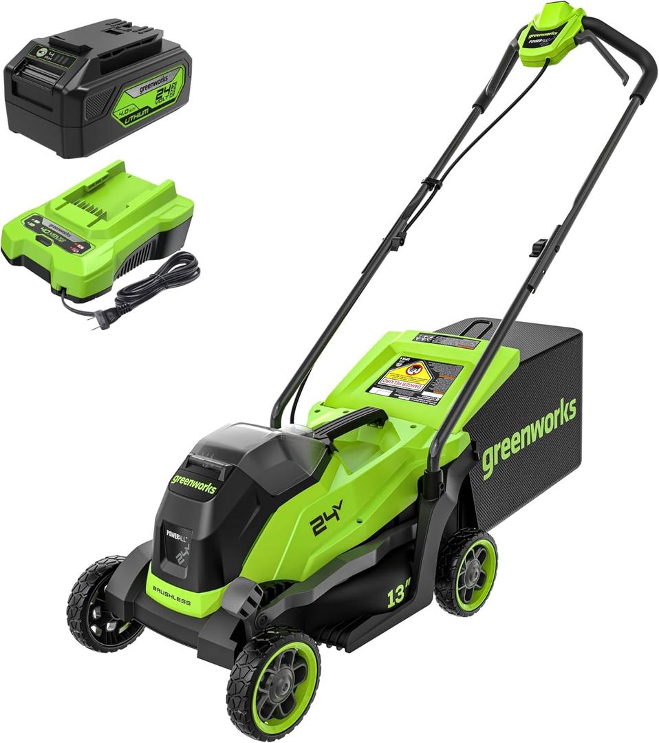 Greenworks 24V 13" Brushless (Push) Cordless Lawn Mower, 4.0Ah Battery and Charger (Green and Black)