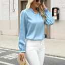 VIMPUNEC Women's Dressy Satin Blouses Fall Long Sleeve Work Shirts Business Casual V Neck Tops (Blue, XL)