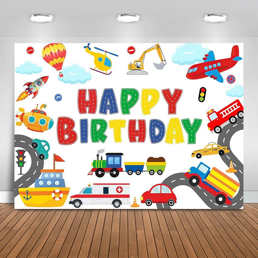 Fitumiw Transportation Birthday Backdrop 7x5ft Plane Train Car Sailboat Vehicle Birthday Party Decorations Background for Boys Traffic Banner Photo Booth Props