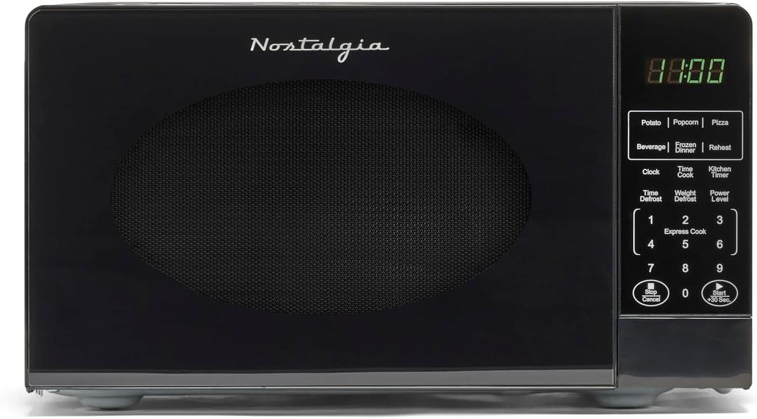 Nostalgia Modern Retro Countertop Microwave Oven - 700-Watt - 0.7 cu ft - 12 Pre-Programmed Cooking Settings - Digital Clock - Kitchen Appliances - Black