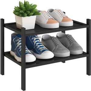 BMOSU 2-Tier Bamboo Small Shoe Rack Premium Stackable Shoe Shelf Storage Organizer for Hallway Closet Living Room Entryway Organizer(Black)
