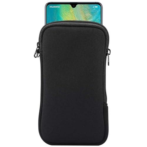 Neoprene Shock Absorbing Proof Pouch Large Cell Phone Sleeve Case Cover w Zipper/Neck Strap for iPhone 14 Plus Samsung Galaxy Note20 Ultra S22 Ultra A13 A03 A23 Moto G Power 2022 LG Stylo 6 (Black)