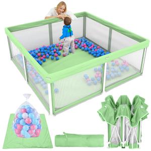 TOREVSIOR Foldable Baby Playpen with Mat, 50"50" Collapsible Play Pen for Babies and Toddlers, Indoor & Outdoor Kids Safety Play Pen, Portable Play Yard, Foldable Baby Playpen with 50 Ocean Balls