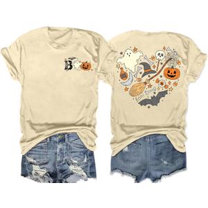 Halloween Shirts Women Fall Pumpkin Tshirt Ghost T Shirt Skeleton Tops Casual V Neck Short Sleeve Tees (Yellow, XL)