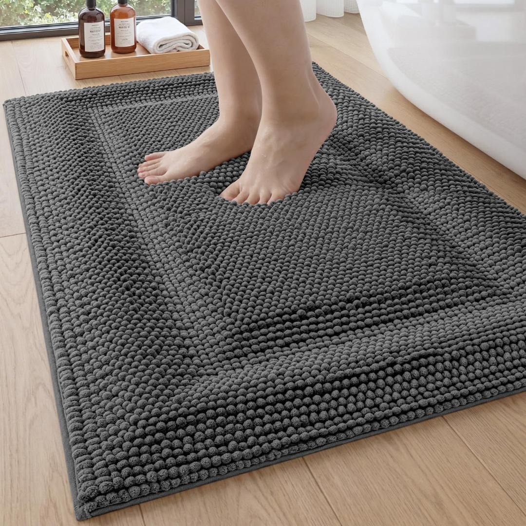 DEXI Bath Mats for Bathroom 20x32, Non Slip Washable Bathroom Rug, Thick Soft Chenille Absorbent Bathmat for Shower Floor, Fluffy Shaggy Carpet for Tub, Grey (1'8" X 2'8" (Rectangular))