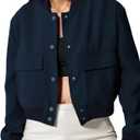 womens Cropped Bomber Jacket Button Down Varsity Jackets Shackets With Pockets (Medium, Navy Blue)