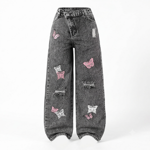 GORGLITTER Girl's Baggy Wide Leg Jeans Butterfly Graphic Print Elastic High Waisted Denim Pants Bottoms Trousers with Pockets, Black, 9 Years