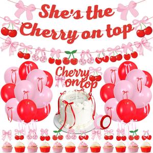 K KUMEED Cherry Party Decorations,She's The Cherry On Top Theme Banner,Summer Fruit Cherries Party Supplies Cake Topper Latex Balloons for Birthday Baby Shower Valentine's Day Wedding Bridal Shower