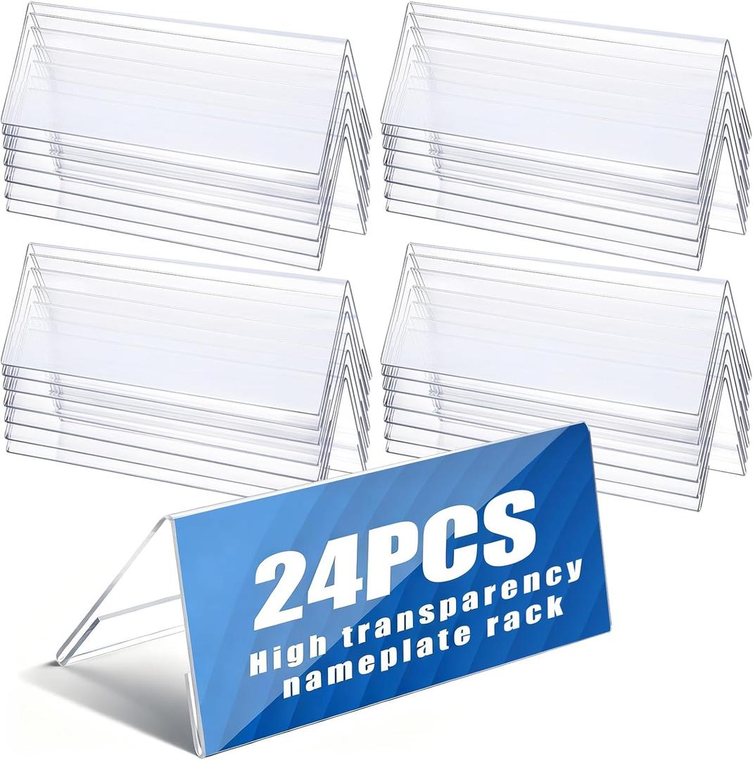 24 Pack Acrylic Name Plates for Desks, 8.5" x 3" Acrylic V Shaped Reusable Name Tent Holder Wall Names Plate Holder Desk Sign Frame for Business Training Event