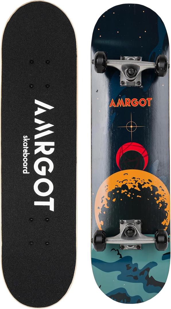 Amrgot Skateboards for Beginners, 31 * 8 inches Complete Skateboards for Kids, Boys, Girls and Adults, 7 Layer Maple Wood, Double Kick Deck Concave Standard and Tricks Skateboard (Black)