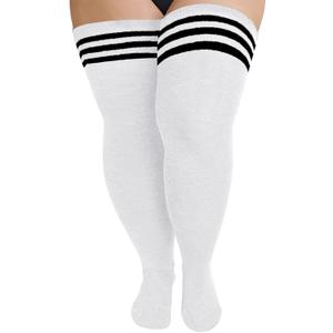 YELAIVP Plus Size Thigh High Socks Extra Large Stripe Over Knee High Stockings for Women (White)