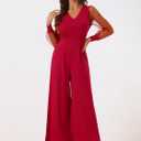 Allegra K Women's Elegant V Neck Mesh Long Sleeve Loose Wide Leg Romper Party Jumpsuits (Red, M)