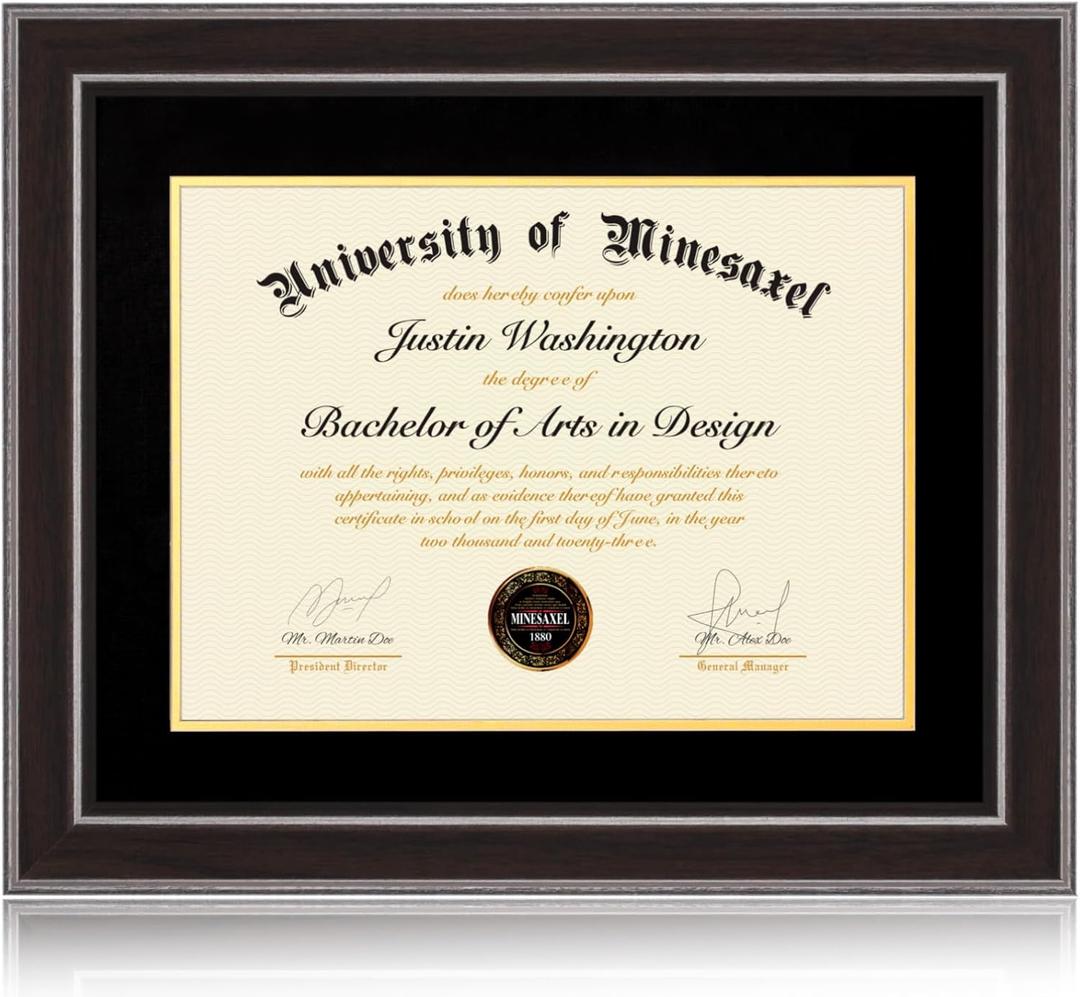 16x20 Diploma Frames 12x15 with Black Mat, Fits Degree Certificate Document, 20 x 16 Walnut Color Frame with Tempered Glass Panel for Wall Mounting