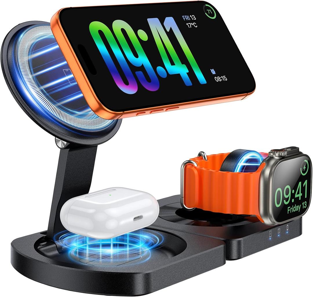 EGV Wireless Charger for iPhone, 3-in-1 Magnetic Charging Station for Apple, MagSafe Charger Stand for iPhone 17 Air 16 15 14 13 12 Series, Airpods Pro, Apple Watch Ultra, Foldable, No Adapter, Black