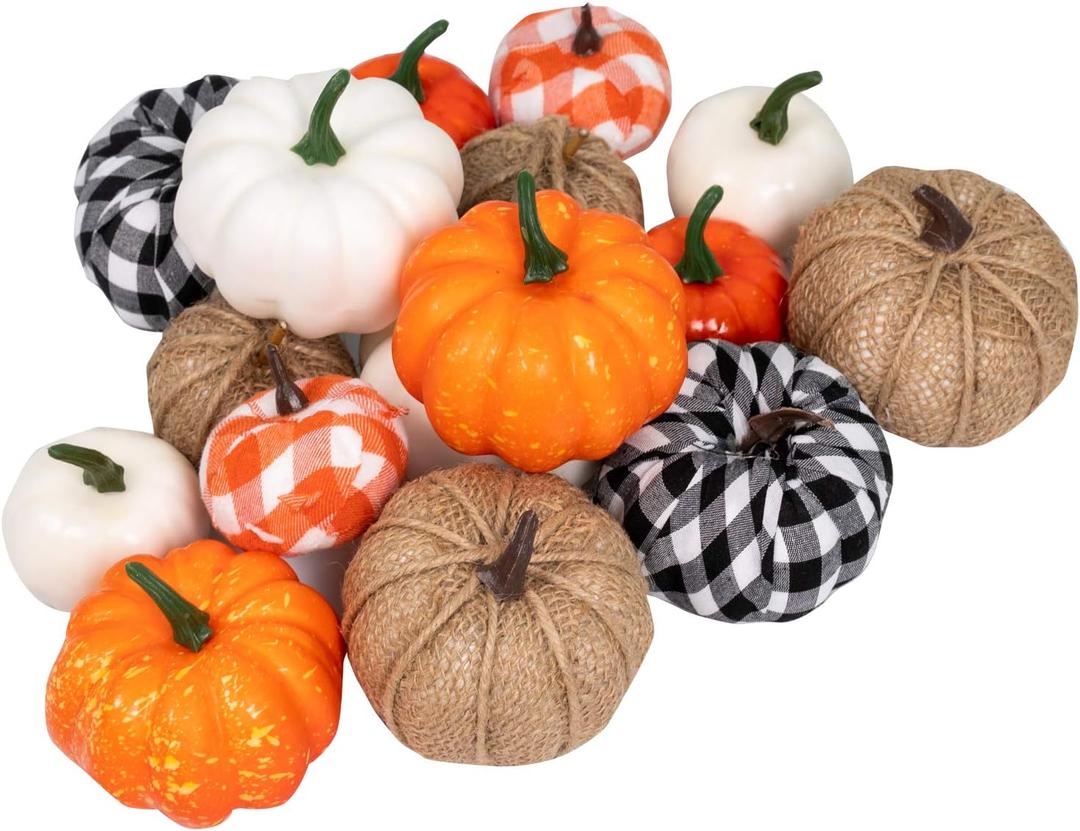 Ueerdand 16 PCS Fall Decor Assorted Sizes Artificial Pumpkins Burlap Faux Foam Pumpkin for Harvest Autumn Season Halloween Thanksgiving Holiday Festive Embellishing and Displaying (Mixed Color)