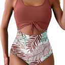 Eomenie Women's One Piece Swimsuit Tummy Control Slimming Bathing Suit Cutout Tie Knot Swimwear (X-Large, Brick Red Print 02)