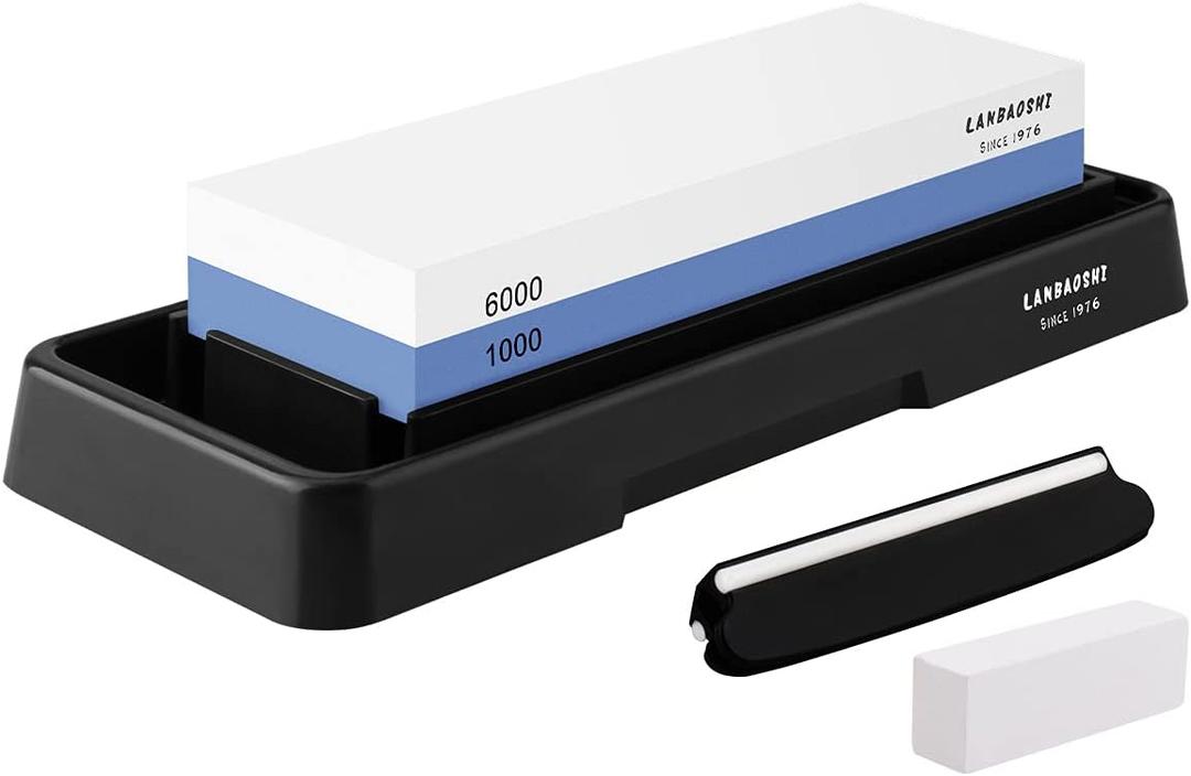 Knife Sharpening Stone Set, Whetstone Dual Sided 1000/6000 Grit Waterstone with Angle Guide Non Slip Rubber Base Holder, Knife Sharpeners Tool Kit for Kitchen Hunting (Blue + black)