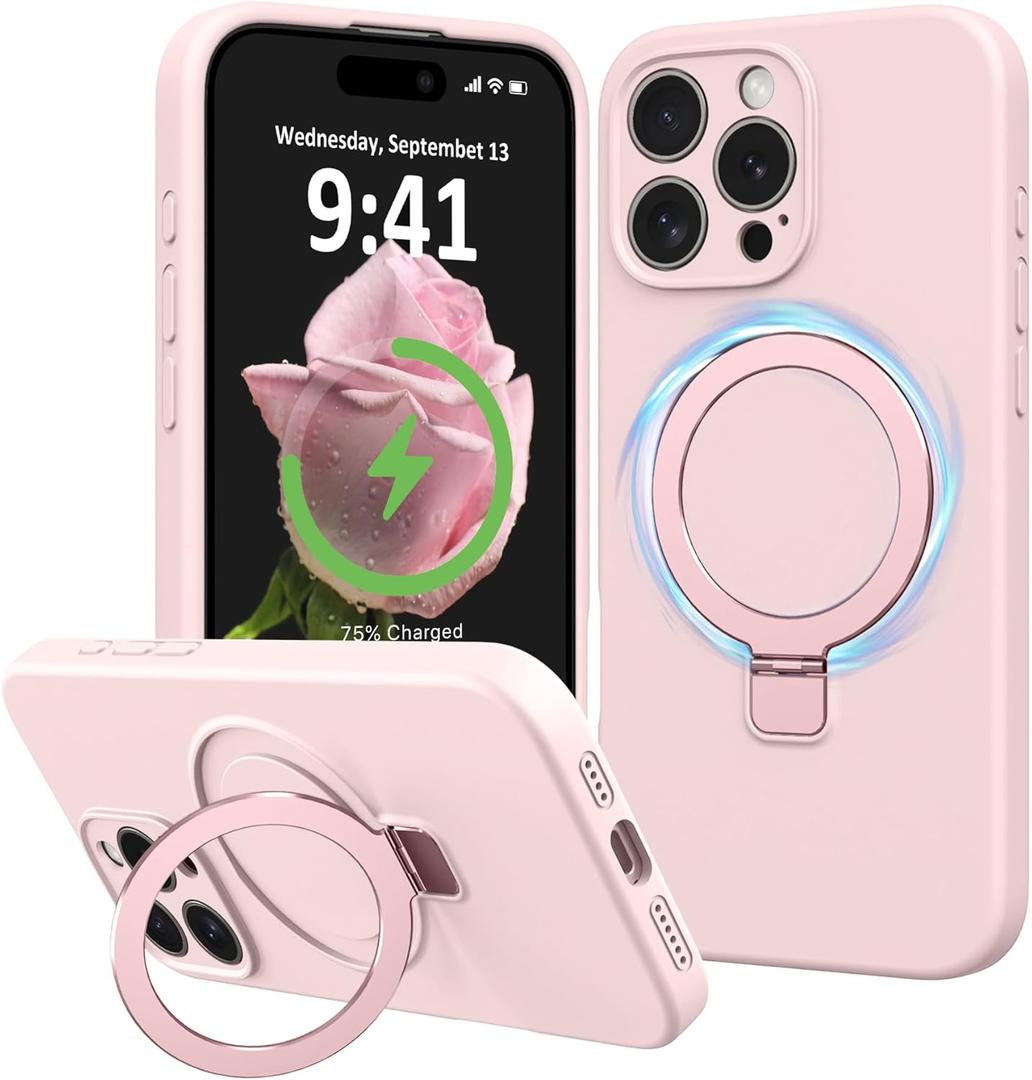 for iPhone 16 Pro Max Case Stand, Slim Comfortable Liquid Silicone Phone Cases for iPhone 16 Pro Max Compatible with MagSafe Magnetic Ring Kickstand Full Camera Protection 6.9", Sand Pink