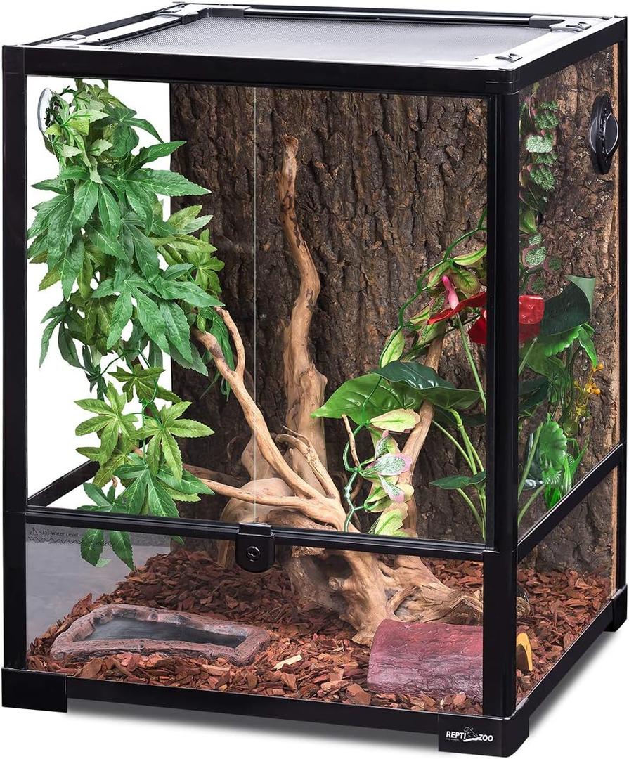 REPTI ZOO Reptile Glass Terrarium, 18" x 18" x 24" Front Opening with Double Hinge Door & Top Screen Ventilation, 30 Gallon Tank Large Reptile Terrarium (Knock-Down)
