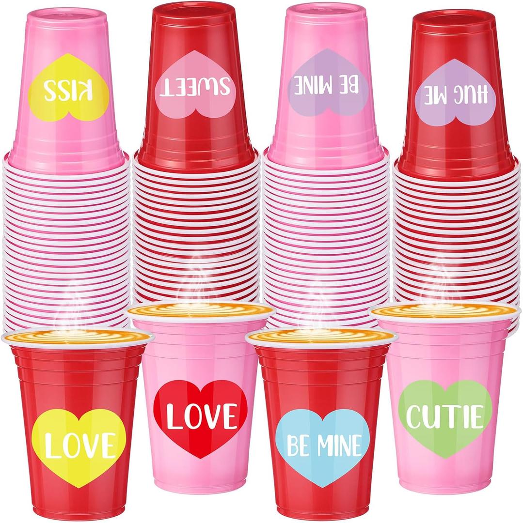 120 Pcs 12 oz Valentine's Day Disposable Plastic Cups, Pink Red Heart Cups Galentines Party Cup Disposable Mugs for Coffee Juice Beverage Hot Cold Drinks Holiday Wedding Birthday Party Supplies