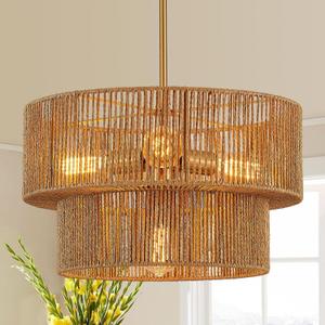 17.8" Boho Rattan Chandelier Light Fixture 4-Light Hand-Woven Bamboo Vintage Farmhouse Chandelier Drum Wicker Golden Chandeliers for Dining Room, Kitchen Island, Bedroom, Foyer
