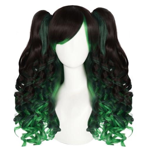 Anogol Hair Cap+Dark Green Lolita Wig Women Green Mixed Black Cosplay Wig with Curly Ponytails Dark Greenish Black Ponytails with Bangs Anime Outfit for Halloween Christmas Party St. Patrick's Day Wig
