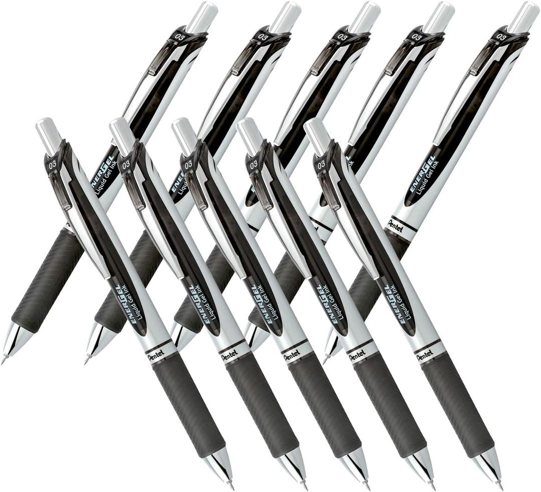 Pentel New EnerGel Deluxe RTX Retractable Liquid Gel Pen,Ultra Micro Point 0.3mm, Fine Line, Needle Tip, Black Ink Value set of 10