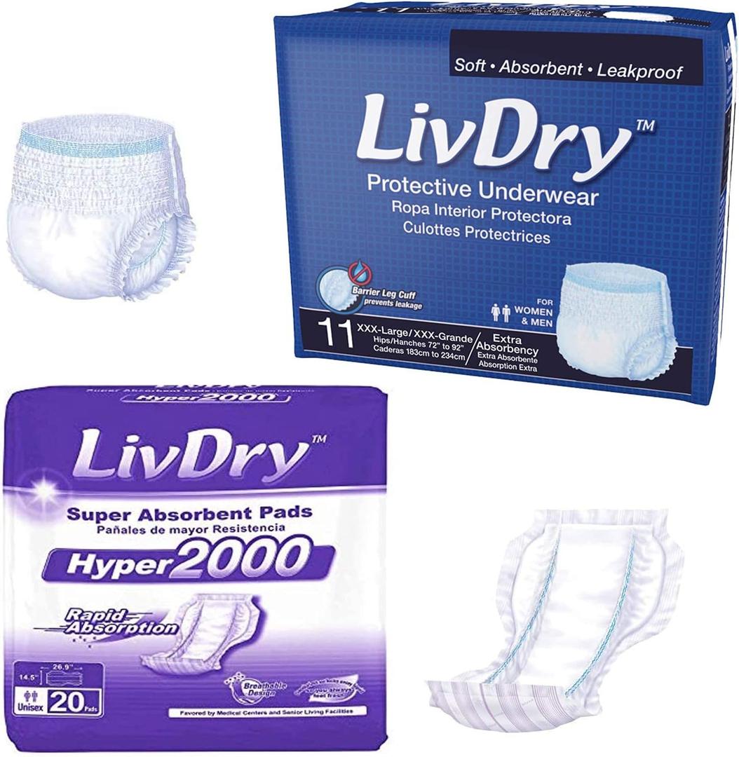 LivDry Adult 3XL Incontinence Underwear + Hyper 2000 Booster Pad Inserts for Men and Women | Extra Absorbency with Odor Control
