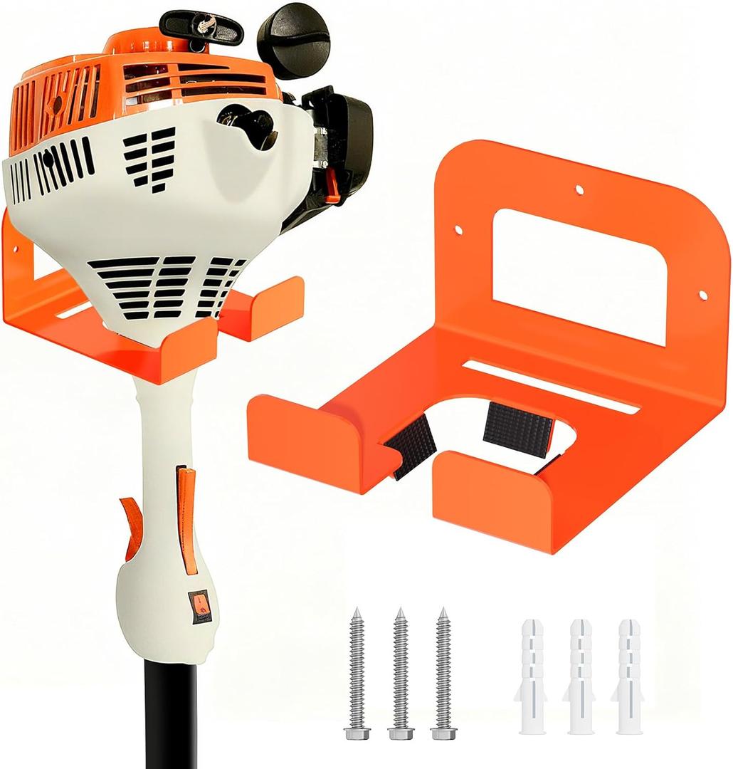 Weed Eater Hanger, Garage Organizer Trimmer Rack, Matel Wall Hooks Weed Wacker Holder, Heavy Duty Garden Tool Organizer for Grass Trimmer, Hedge Trimmer, Garage Tools Storage, Orange 1-Pack