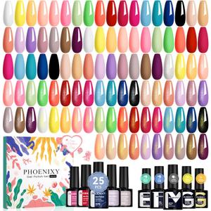 Phoenixy 30 Pcs Gel Nail Polish Set, 25 Colors U V Gel Nail Polish Nude White Black Red Blue Pink All Season Color 5 Pcs Base Top Coat Glossy Matte Silver and Gold Glitter Starter Gift Sets for Women