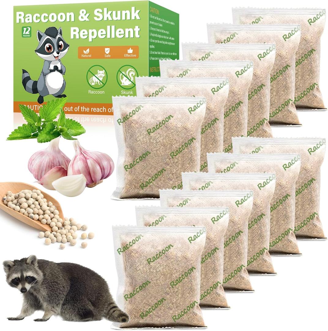 12Pack Natural Raccoon Repellent Pouches, Skunk Repellent Pouches for Outdoor Yard Garden House | Long-Lasting Protection | Safe for Dogs and Children