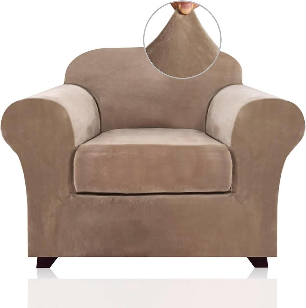 PrinceDeco Velvet Plush Couch Cover Stretch 2 Piece Chair Cover Chair Slipcover Washable Furniture Protector Couch Soft with Elastic Bottom Armchair Cover Width Up to 49 Inch(Small, Camel)