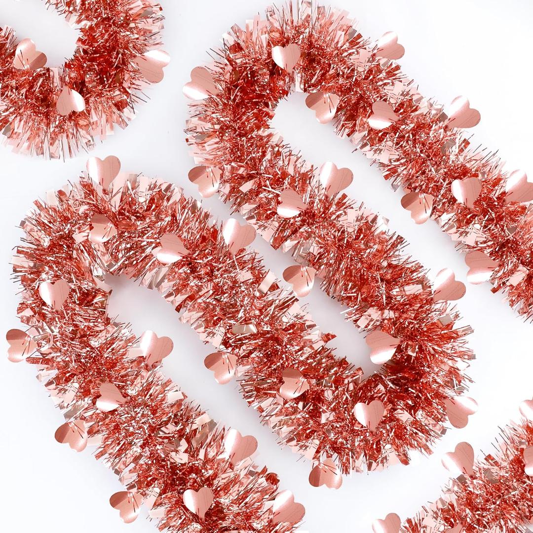 2 x 50Ft Valentines Heart Tinsel Garland, Rose Gold Heart Shiny Metallic Twist Valentines Day Garland Decorations for Indoor Outdoor Galentines Day Party Tree Home Wedding Mantle Decor