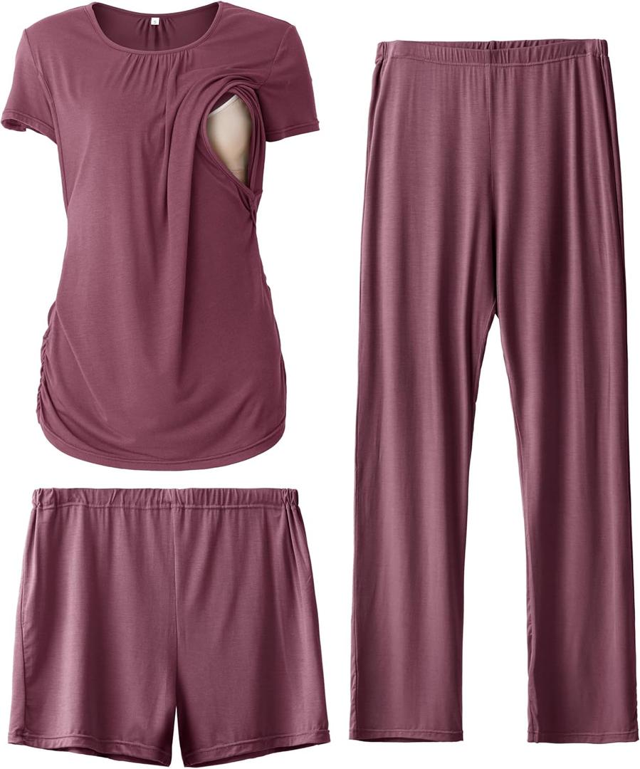 SUNNYBUY Womens Maternity Nursing Pajamas Set, Short Sleeve Breastfeeding ShirtsPregnancy Shorts & Pants 3 Piece Nursing PJS (Red, XL)