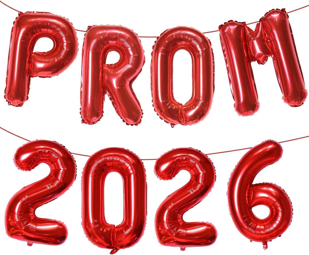 KALOR Red Prom 2026 Banner Balloons, 16 Inch Mylar Foil letter Graduation Balloons 2026 Grad Sign for Graduation Party Decorations, Red