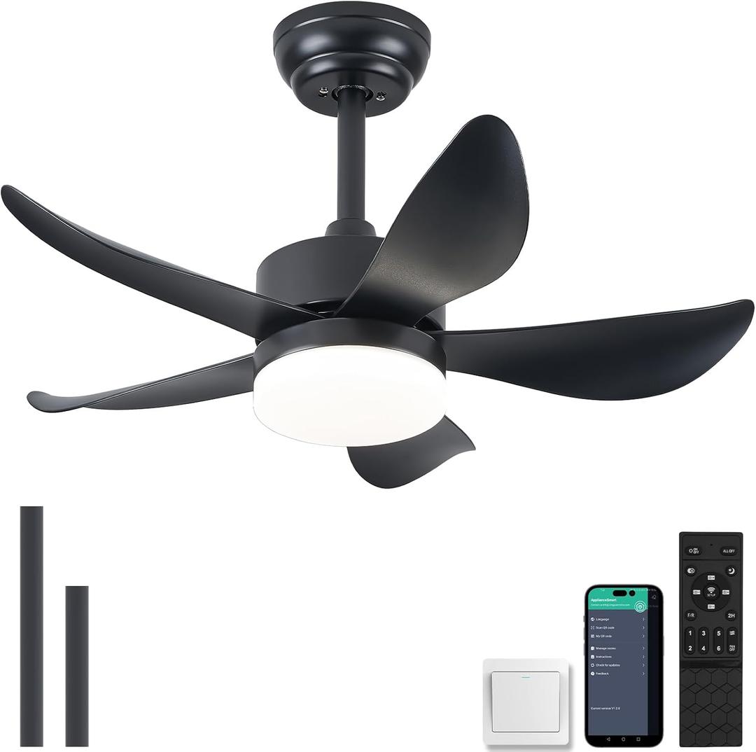 Ceiling Fans with Lights and Remote,30 Inch Smart Ceiling Fan,Reversible,Noiseless,Small Black Ceiling Fan for Bedroom Kitchen Indoor/Outdoor Patio