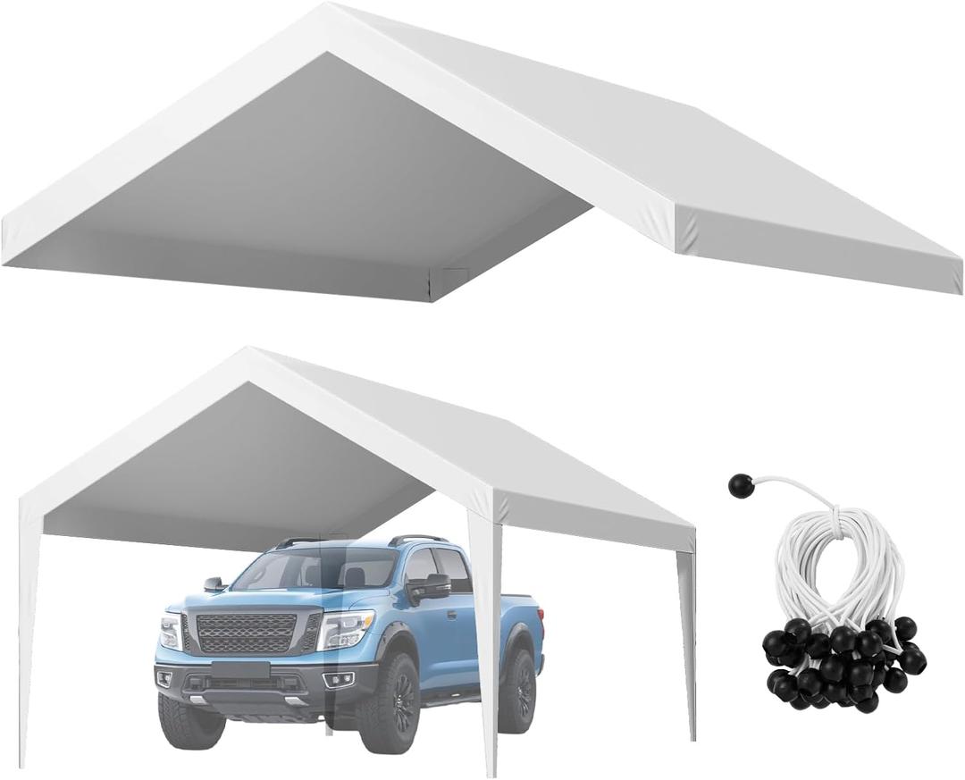 VEVOR Carport Replacement Canopy, 12 x 20 ft Potable Garage Tent Top Tarp, UV-Resistant & Waterproof Car Shelter Tarp, Heavy Duty Car Port Cover with Ball Buggees, White, Frame Not Included