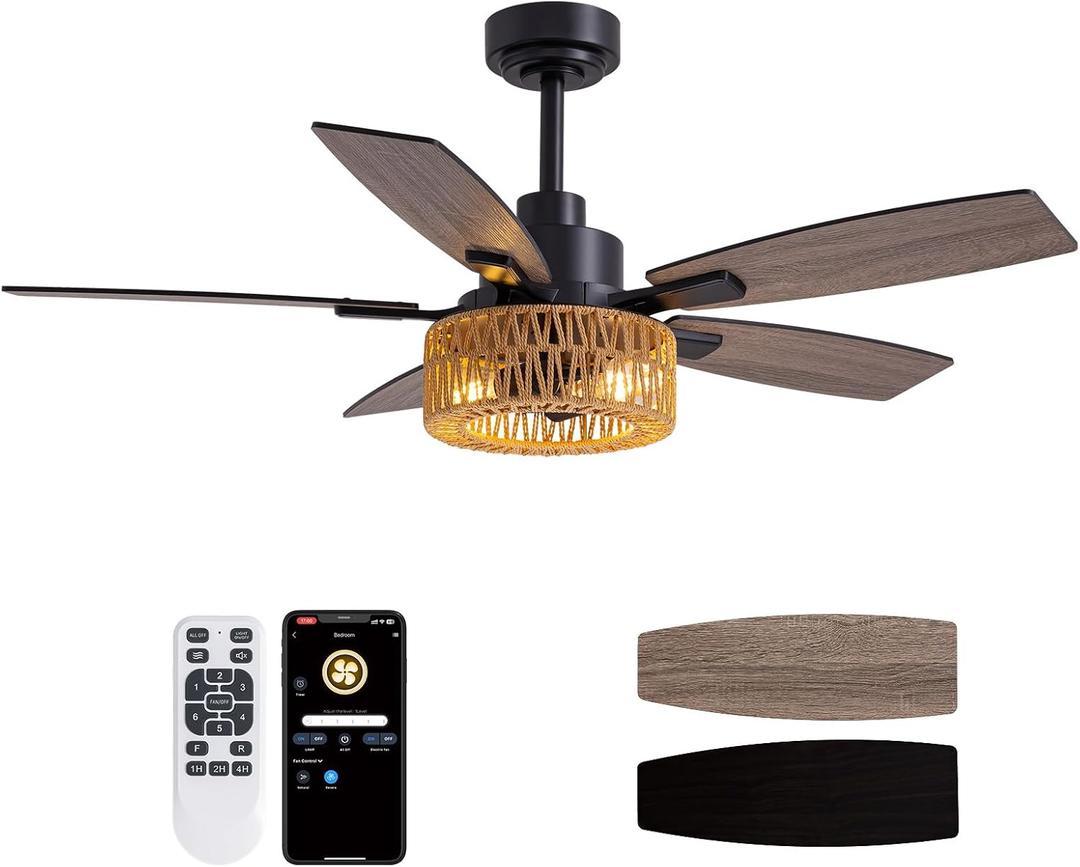 46 Inch Boho Black Rattan Ceiling Fans with Lights and Remote Control, Farmhouse Caged Rattan Ceiling Fan for Dining Room, Bedroom, Living Room and Patio, Indoor/Outdoor (Aloha)