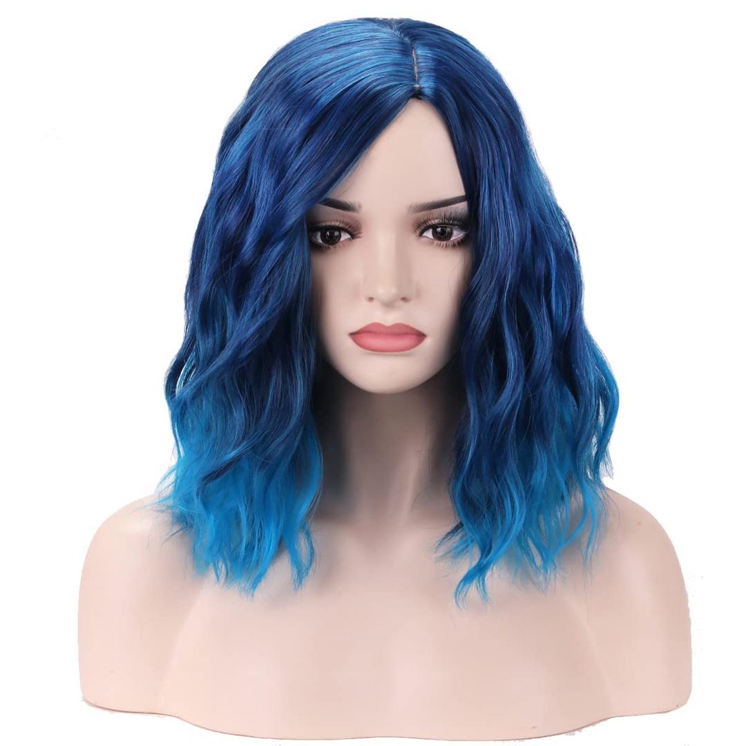 BERON Blue Wig Short Curly Wig Mix Blue Bob Wigs Charming Women Beach Wave Blue Wigs for Cosplay Costume Party Hairnet Included