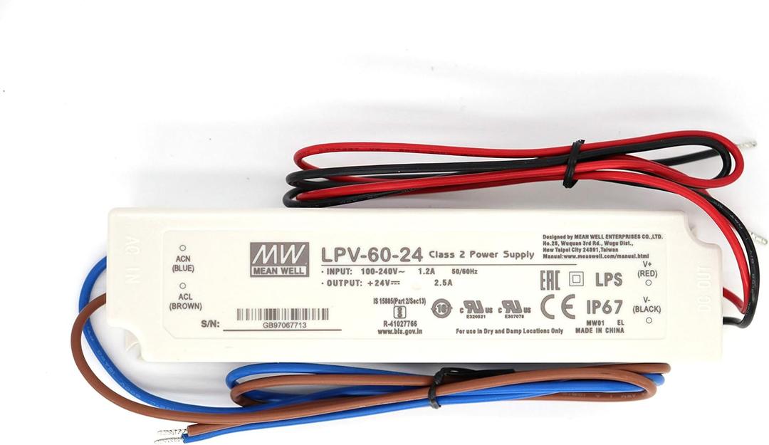 MEAN WELL LPV-60-24 60Watts 2.5Amp 24VDC C.V LED Driver Single Output Waterproof IP67 LED Power Supply Suitable for LED Strip Light Sealed Panel Mount