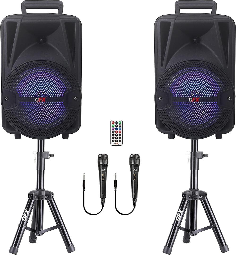 QFX PBX-800TWS Dual 8" Powered PA Speaker System | 2 Rechargeable Bluetooth Party Speakers, 2 Tripod Stands, 2 Wired Mics, Remote | TWS Stereo Pairing, RGB Lights, FM/USB/TF/AUX