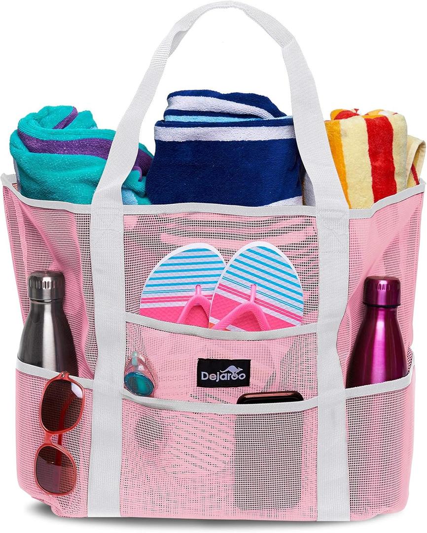 Dejaroo: Mesh Sand Free Bag - Strong Lightweight Tote For Beach & Vacation Essentials. Tons of Storage with 8 Pockets, Foldable, 17x9x15 inches, Pastel Pink with White Strap