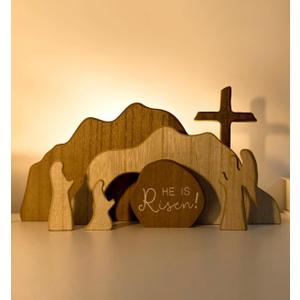He is RisenEmpty Tomb Scene Spring Easter Decorations, Jesus Nativity Resurrection Figurines Set With Wooden Cross For Home, Office, Table, Shelf, Mantle Decor  Christian Catholic Religious Gifts (7 Pieces)