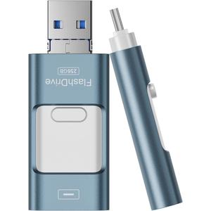 Flash Drive for iPhone 256GB, 4 in 1 USB Type C Memory Stick, Photo Stick External Storage Thumb Drive for iPhone iPad Android Computer, Sky Blue (A-Sky Blue)