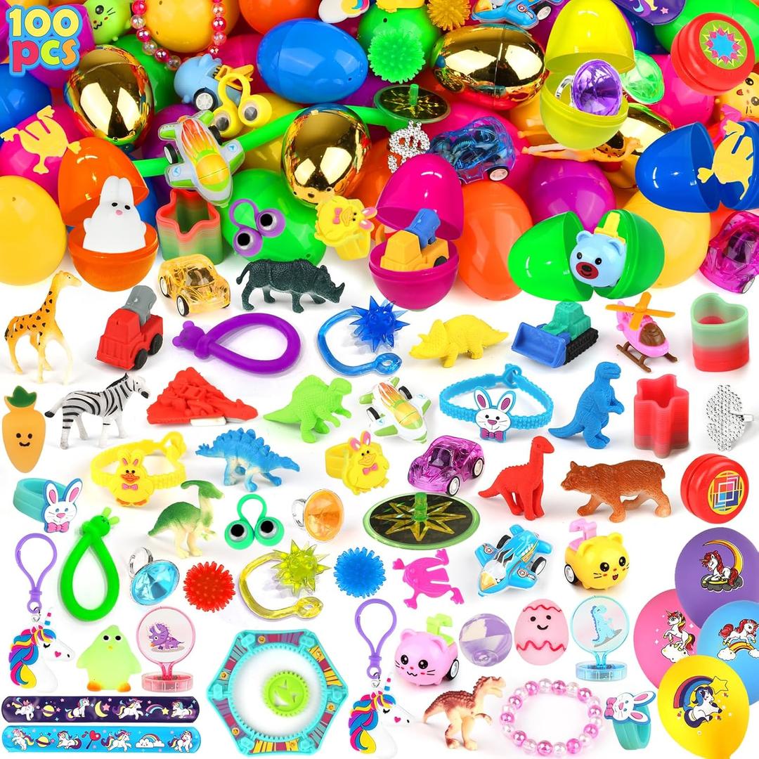 LEASEN [ 6 Surprise Golden Eggs ] 100 Pack Prefilled Easter Eggs with Novelty Toys Inside, 100 Plastic Easter Eggs Fillers with Toys, Pre-filled Easter Egg Party Favors, Easter Basket Stuffers